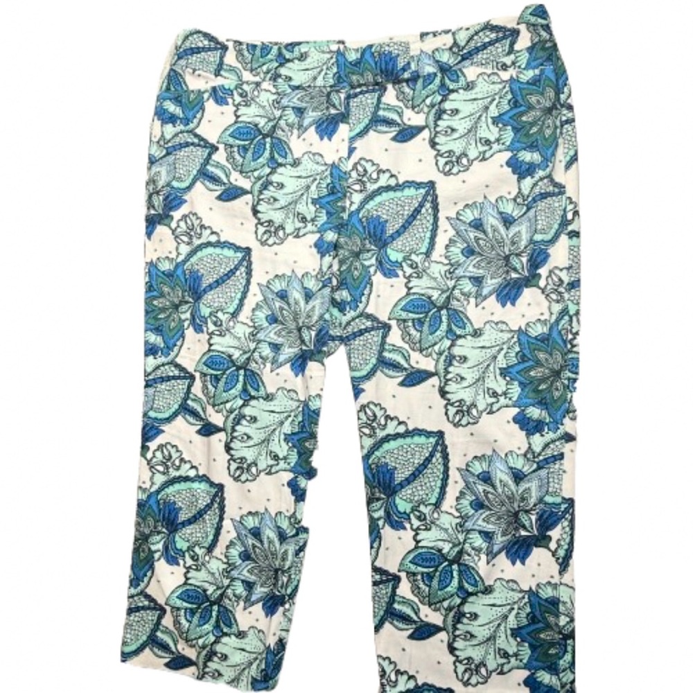 Ann Taylor Women’s 14 Signature Cropped Ankle Pants Off White Blue Teal Paisley😍